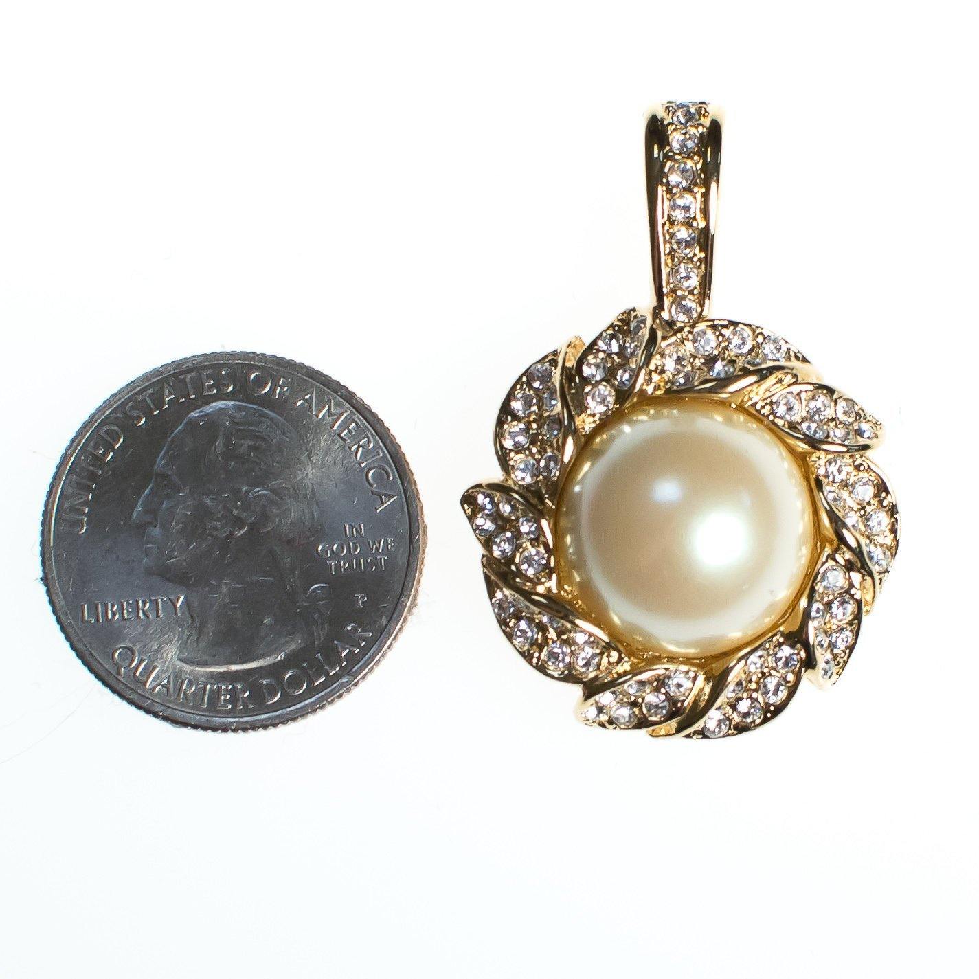 Vintage Kenneth Jay Lane Pendant Pastel Interchangeable Faux Pearls, Diamante Crystals, Gold Tone Setting by Kenneth Jay Lane - Vintage Meet Modern Vintage Jewelry - Chicago, Illinois - #oldhollywoodglamour #vintagemeetmodern #designervintage #jewelrybox #antiquejewelry #vintagejewelry
