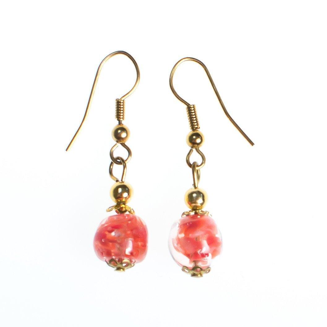 Vintage Gold Tone Dangle Earrings, Pink Murano Glass Beads, Pierced