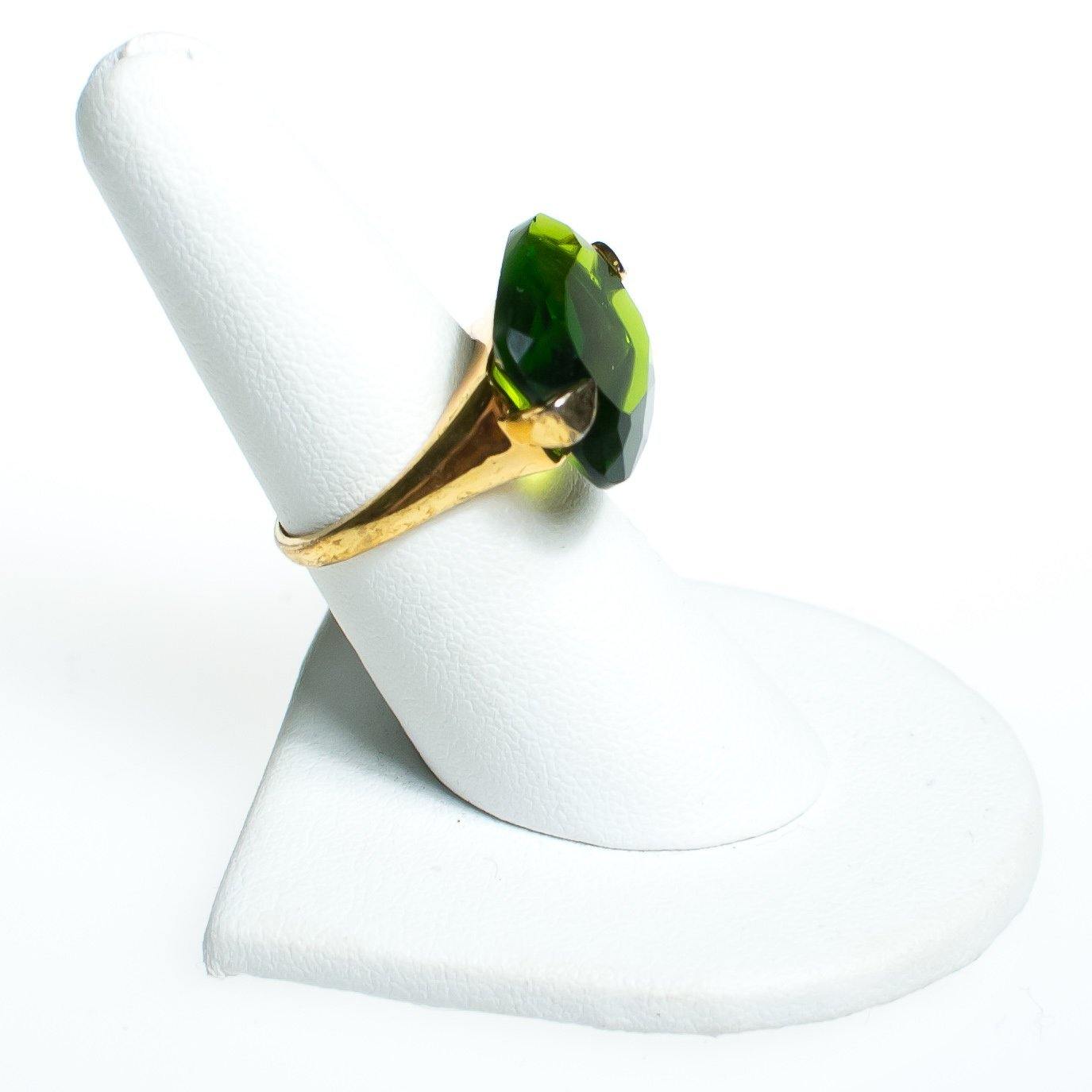 Vintage Olive Green Rhinestone Cocktail Statement Ring, Gold Tone Setting, Ring Size 7 by 1980s - Vintage Meet Modern Vintage Jewelry - Chicago, Illinois - #oldhollywoodglamour #vintagemeetmodern #designervintage #jewelrybox #antiquejewelry #vintagejewelry