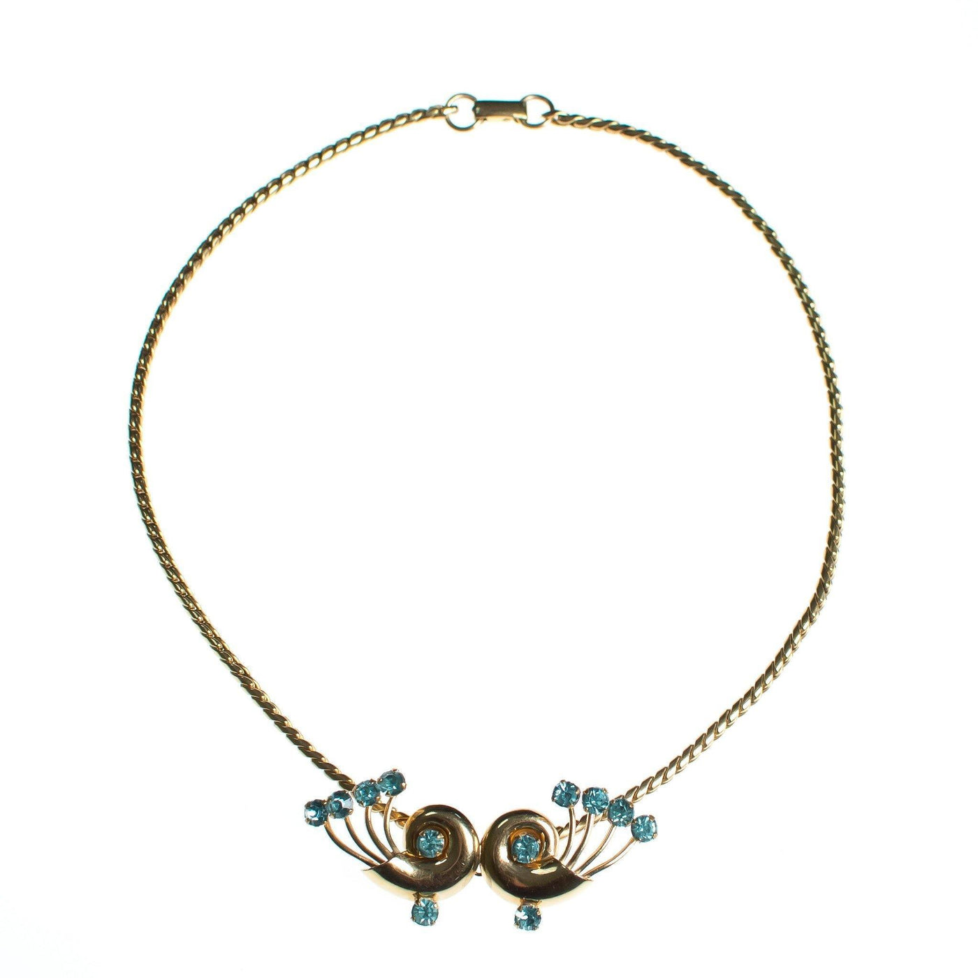 Vintage 1940s Van Dell Necklace, Blue Rhinestones, Gold Tone Necklace, Snap Clasp