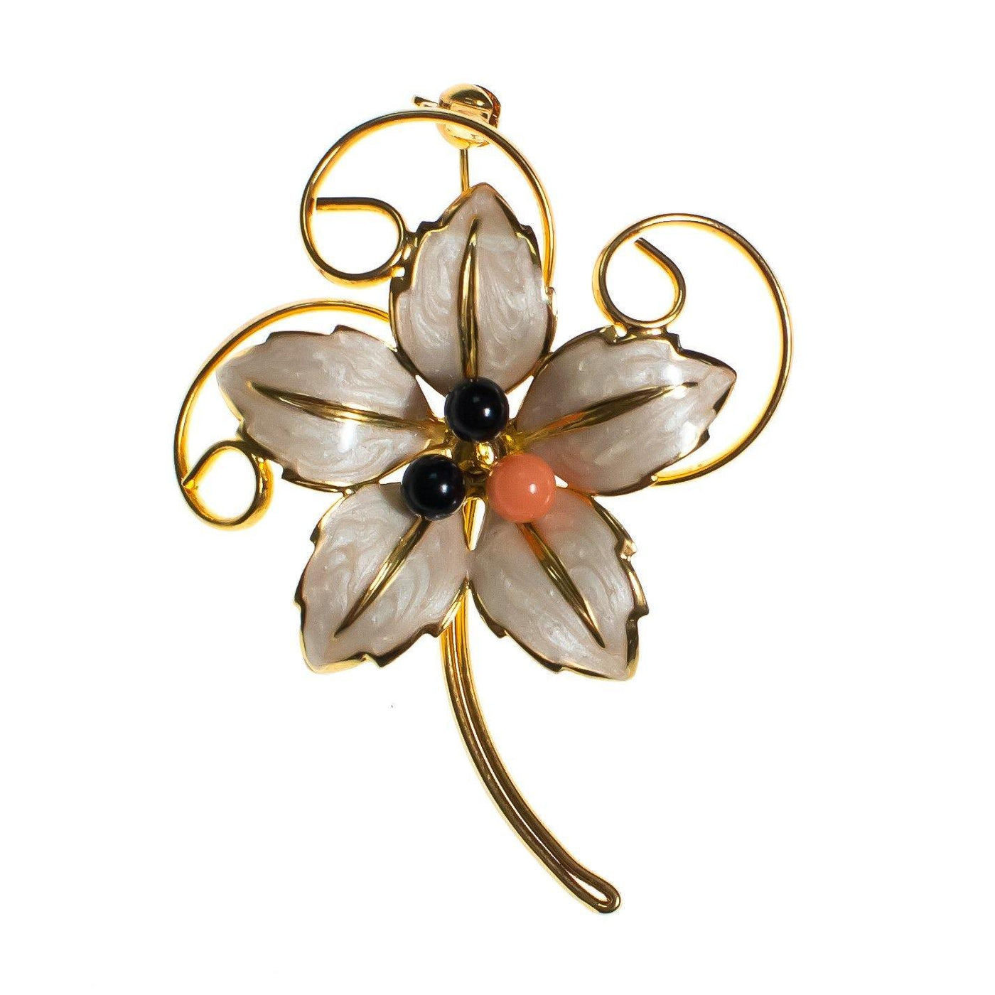 Vintage Flower White Lily Brooch, White Enamel, Black and Pink Lucite Beads, Gold Tone Setting, Brooches and Pins