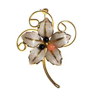 Vintage Flower White Lily Brooch, White Enamel, Black and Pink Lucite Beads, Gold Tone Setting, Brooches and Pins by 1980s - Vintage Meet Modern Vintage Jewelry - Chicago, Illinois - #oldhollywoodglamour #vintagemeetmodern #designervintage #jewelrybox #antiquejewelry #vintagejewelry