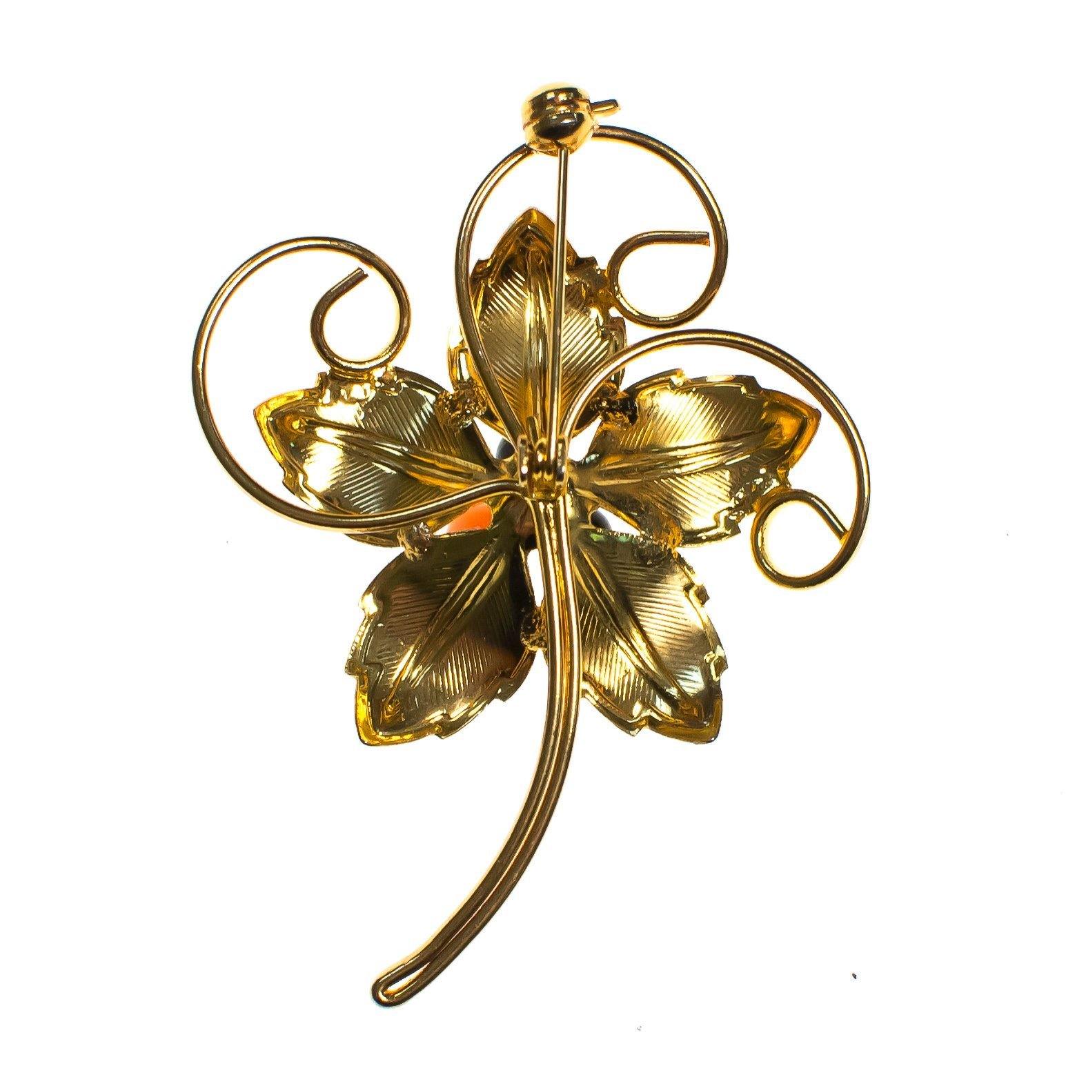 Vintage Flower White Lily Brooch, White Enamel, Black and Pink Lucite Beads, Gold Tone Setting, Brooches and Pins by 1980s - Vintage Meet Modern Vintage Jewelry - Chicago, Illinois - #oldhollywoodglamour #vintagemeetmodern #designervintage #jewelrybox #antiquejewelry #vintagejewelry