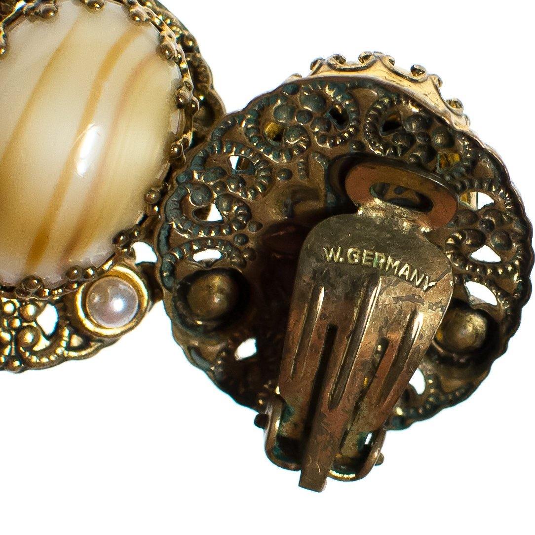 Vintage West Germany Earrings, Cream and Brown Striped Gemstone, Gold Rhinestone, Faux Pearls, Clip-on by West Germany - Vintage Meet Modern Vintage Jewelry - Chicago, Illinois - #oldhollywoodglamour #vintagemeetmodern #designervintage #jewelrybox #antiquejewelry #vintagejewelry