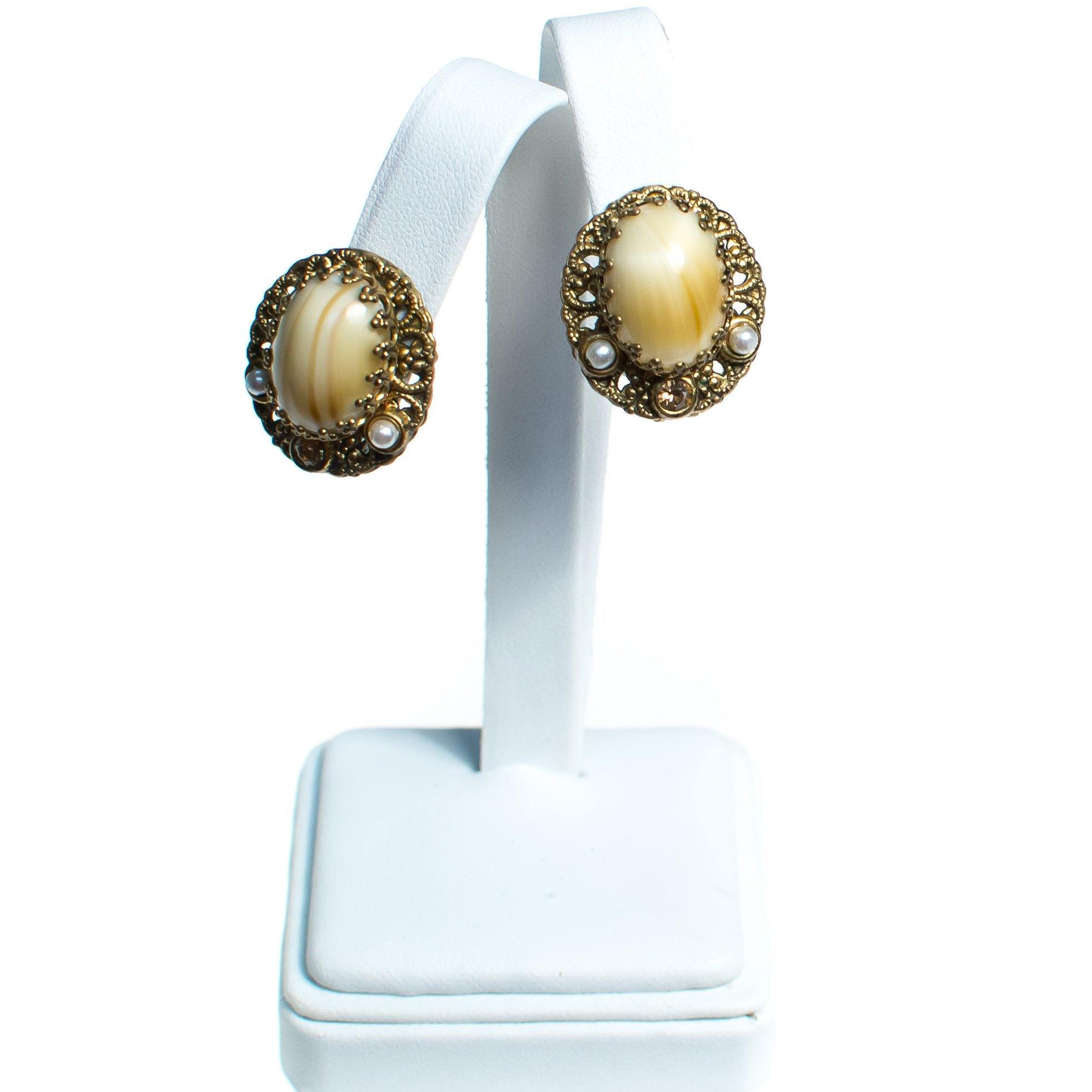 Vintage West Germany Earrings, Cream and Brown Striped Gemstone, Gold Rhinestone, Faux Pearls, Clip-on by West Germany - Vintage Meet Modern Vintage Jewelry - Chicago, Illinois - #oldhollywoodglamour #vintagemeetmodern #designervintage #jewelrybox #antiquejewelry #vintagejewelry