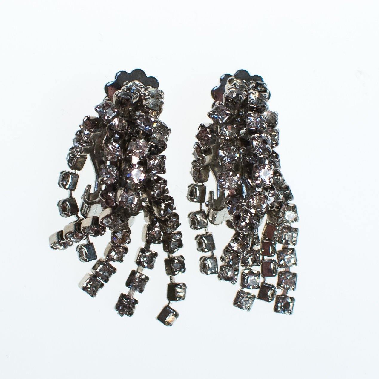 Vintage Art Deco Fringed Rhinestone Tassel Earrings, Clip On