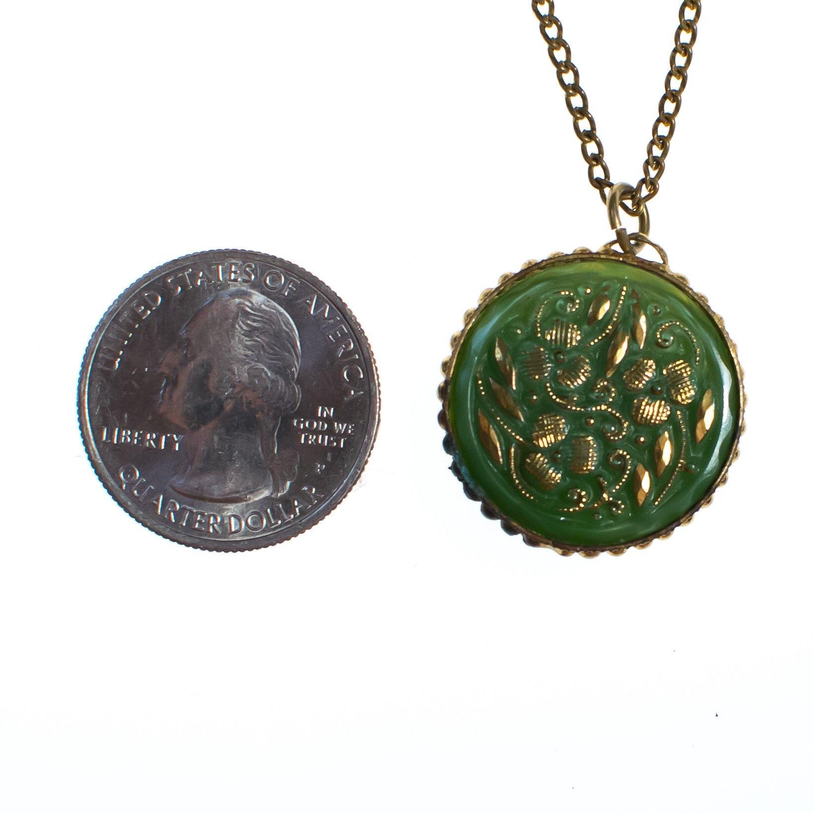 Vintage Green Pressed Glass Pendant With Gold Accents set in Antique Gold Tone by 1940s - Vintage Meet Modern Vintage Jewelry - Chicago, Illinois - #oldhollywoodglamour #vintagemeetmodern #designervintage #jewelrybox #antiquejewelry #vintagejewelry