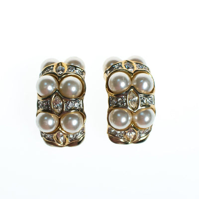 Vintage Pearl and Rhinestone Domed Hoop Earrings, Clip On by 1980s - Vintage Meet Modern Vintage Jewelry - Chicago, Illinois - #oldhollywoodglamour #vintagemeetmodern #designervintage #jewelrybox #antiquejewelry #vintagejewelry