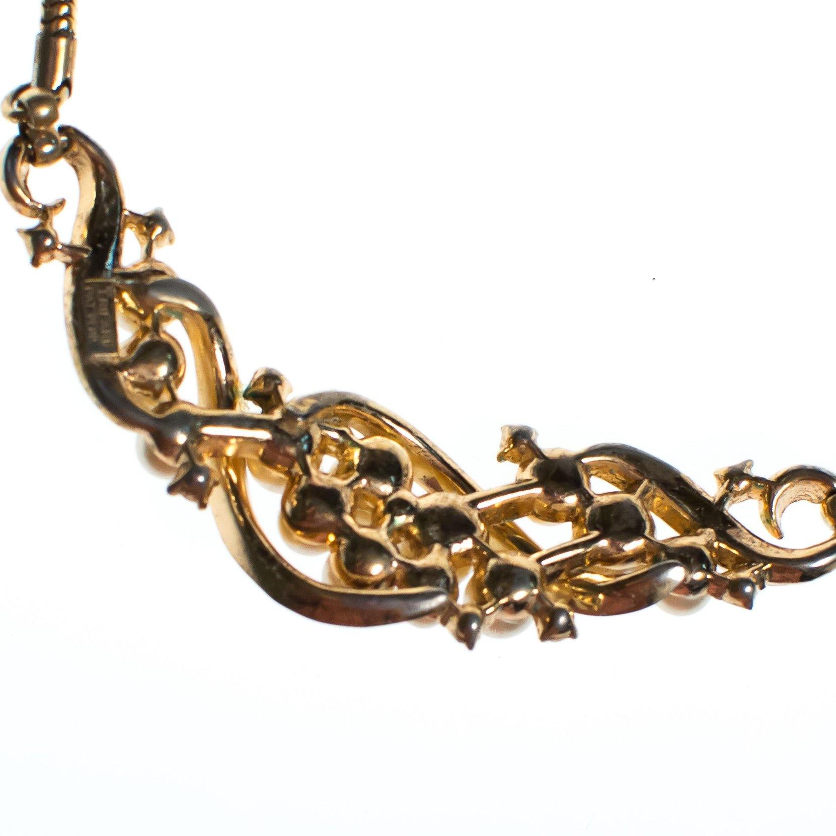 Vintage Crown Trifari Gold Necklace with Pearls and Rhinestones by Crown Trifari - Vintage Meet Modern Vintage Jewelry - Chicago, Illinois - #oldhollywoodglamour #vintagemeetmodern #designervintage #jewelrybox #antiquejewelry #vintagejewelry