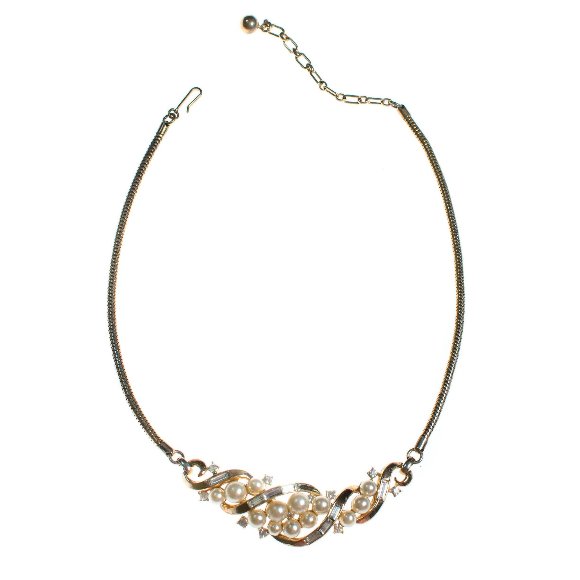 Vintage Crown Trifari Gold Necklace with Pearls and Rhinestones by Crown Trifari - Vintage Meet Modern Vintage Jewelry - Chicago, Illinois - #oldhollywoodglamour #vintagemeetmodern #designervintage #jewelrybox #antiquejewelry #vintagejewelry