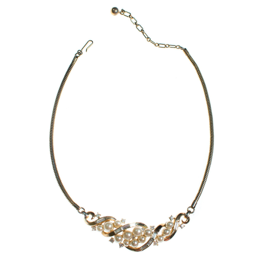 Vintage Crown Trifari Gold Necklace with Pearls and Rhinestones by Crown Trifari - Vintage Meet Modern Vintage Jewelry - Chicago, Illinois - #oldhollywoodglamour #vintagemeetmodern #designervintage #jewelrybox #antiquejewelry #vintagejewelry