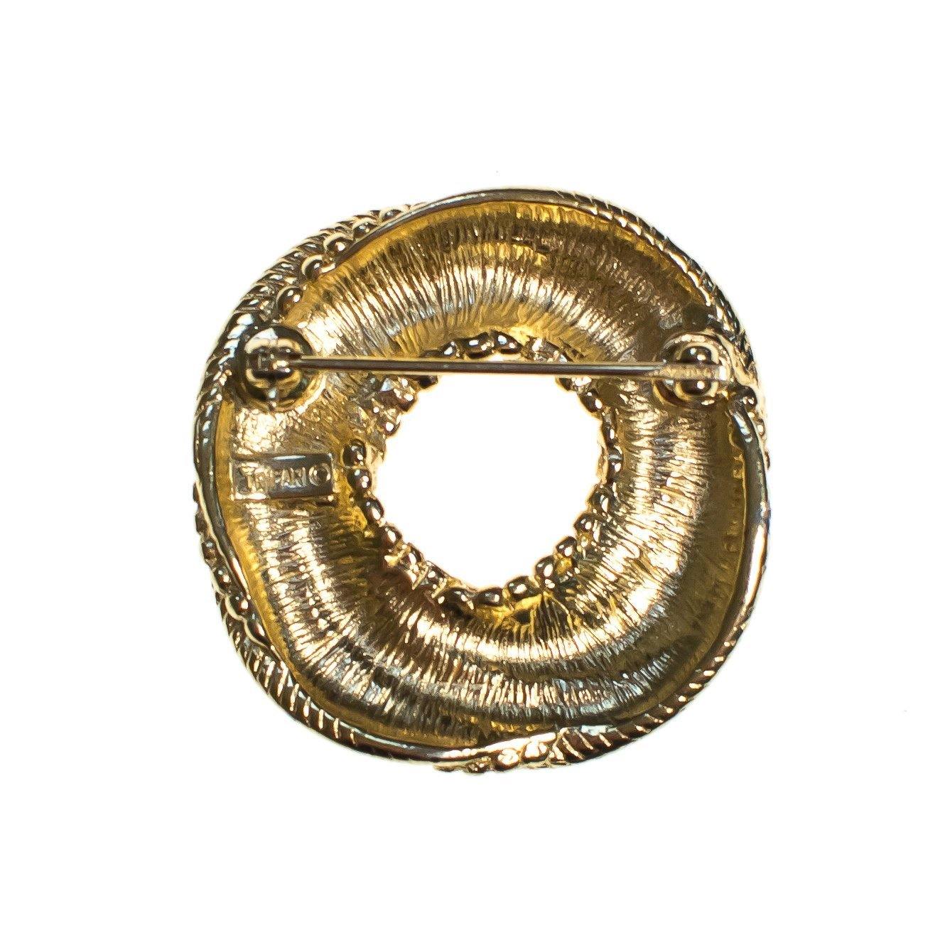 Vintage Crown Trifari Brooch, Round Gold Tone Setting, Brooches and Pins by Crown Trifari - Vintage Meet Modern Vintage Jewelry - Chicago, Illinois - #oldhollywoodglamour #vintagemeetmodern #designervintage #jewelrybox #antiquejewelry #vintagejewelry