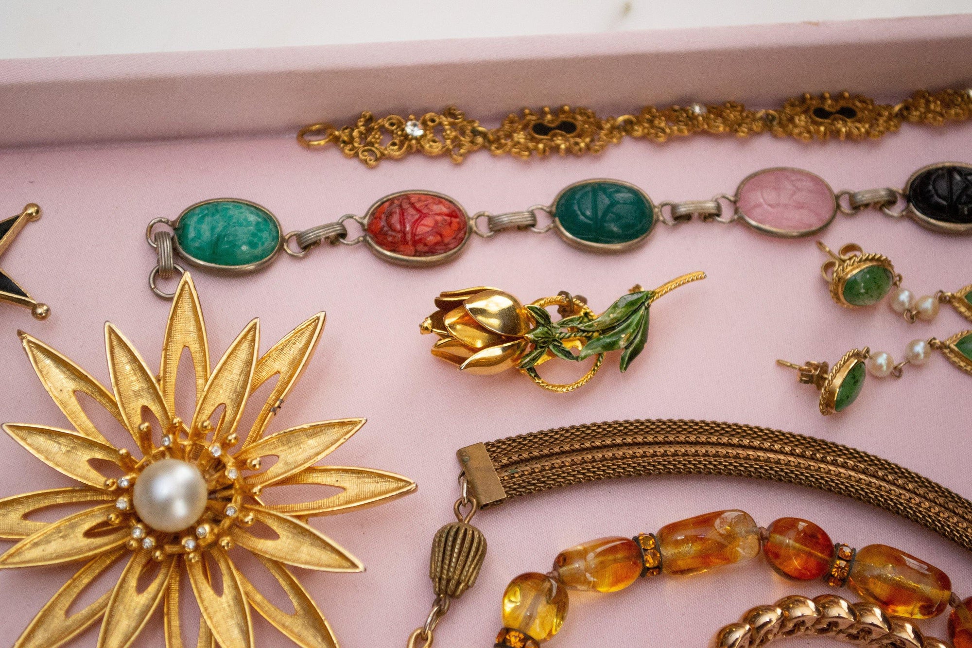 Vintage Huge Mid Century Modern Gold Flower Brooch with Pearls and Rhinestones by 1960s - Vintage Meet Modern Vintage Jewelry - Chicago, Illinois - #oldhollywoodglamour #vintagemeetmodern #designervintage #jewelrybox #antiquejewelry #vintagejewelry