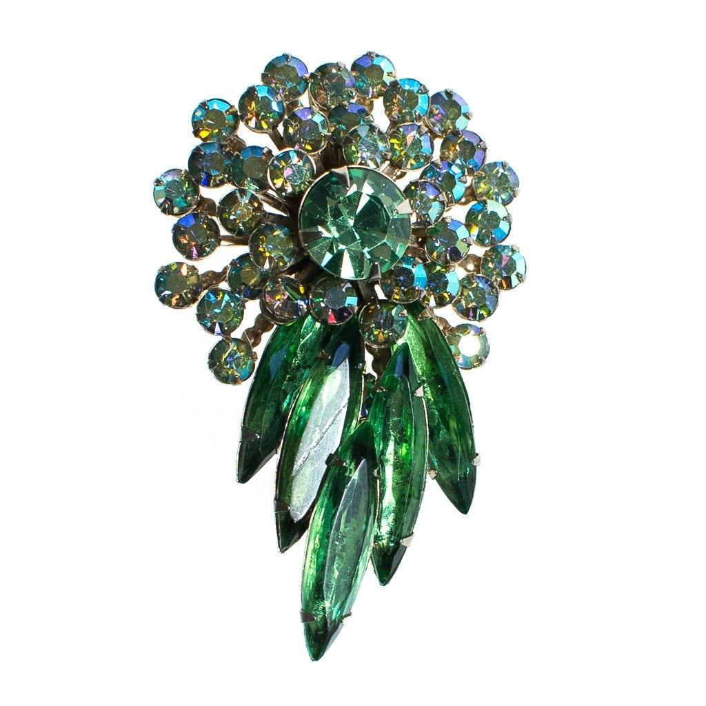 Vintage Judy Lee Green Aurora Borealis Rhinestone Brooch