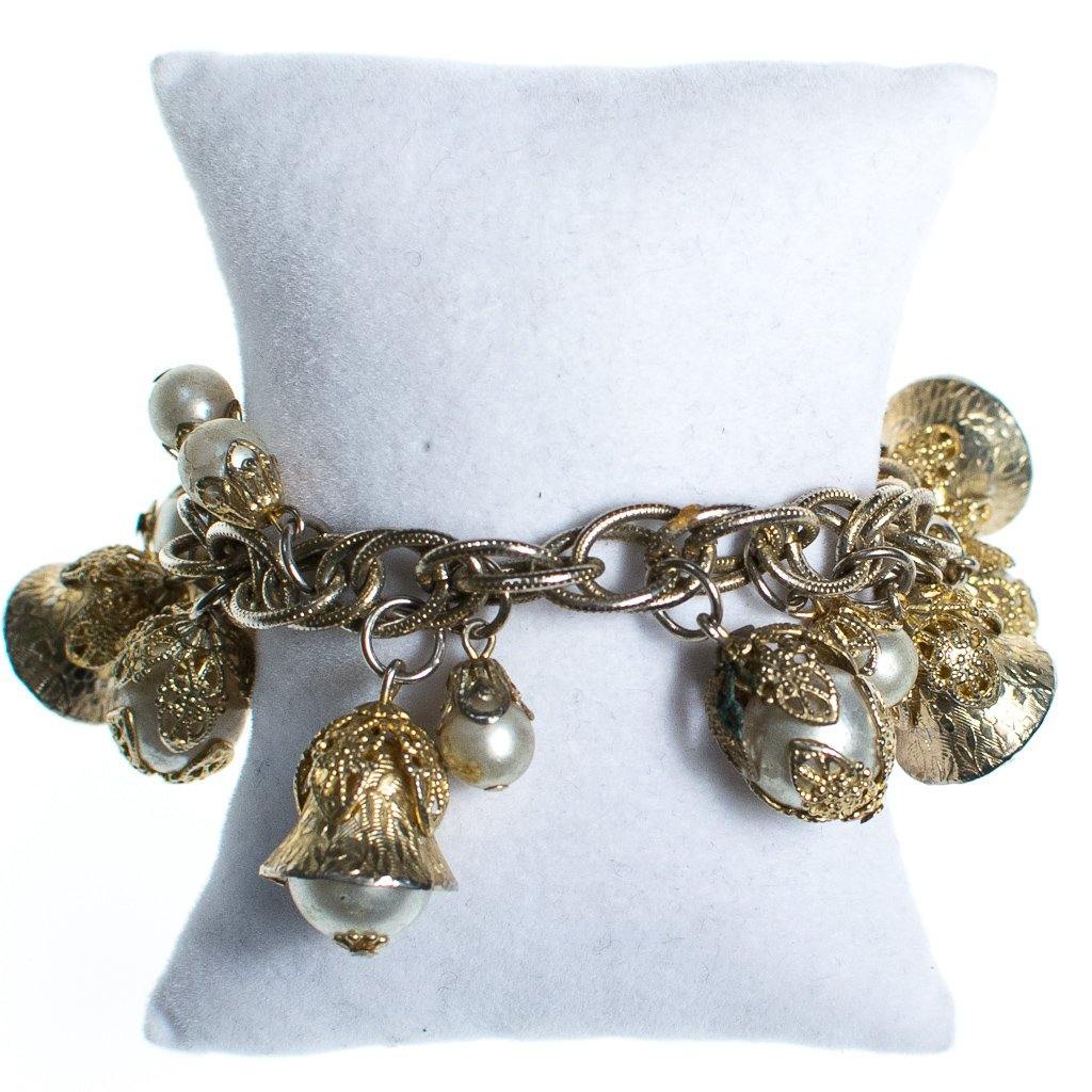 Vintage Mid Century Modern Gold Filigree and Pearl Charm Bracelet by 1960s - Vintage Meet Modern Vintage Jewelry - Chicago, Illinois - #oldhollywoodglamour #vintagemeetmodern #designervintage #jewelrybox #antiquejewelry #vintagejewelry