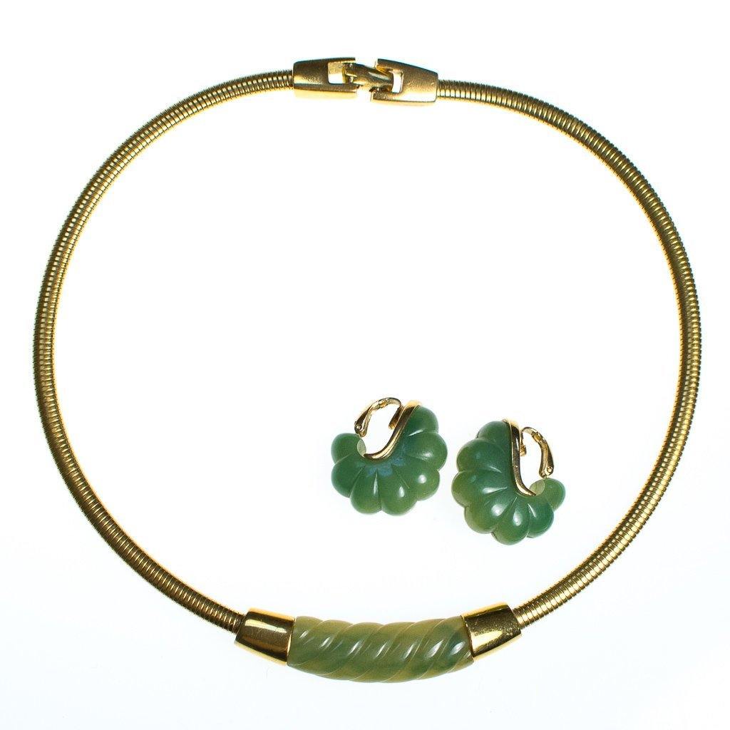 Vintage Givenchy Couture Light Green Bakelite Modernist Collar Necklace by Givenchy - Vintage Meet Modern Vintage Jewelry - Chicago, Illinois - #oldhollywoodglamour #vintagemeetmodern #designervintage #jewelrybox #antiquejewelry #vintagejewelry