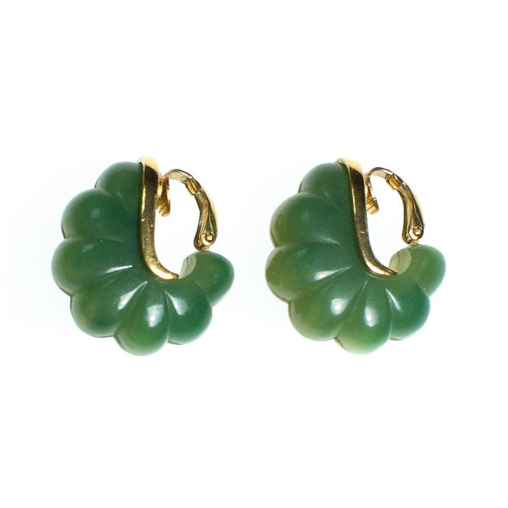 Vintage 1970s Givenchy Couture Light Green Bakelite Domed Fluted Cabochon Modernist Statement Earrings by Givenchy - Vintage Meet Modern Vintage Jewelry - Chicago, Illinois - #oldhollywoodglamour #vintagemeetmodern #designervintage #jewelrybox #antiquejewelry #vintagejewelry