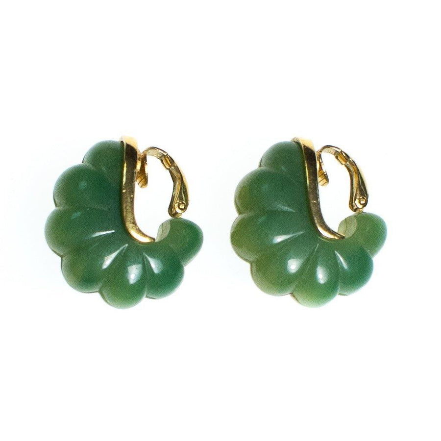 Vintage 1970s Givenchy Couture Light Green Bakelite Domed Fluted Cabochon Modernist Statement Earrings by Givenchy - Vintage Meet Modern Vintage Jewelry - Chicago, Illinois - #oldhollywoodglamour #vintagemeetmodern #designervintage #jewelrybox #antiquejewelry #vintagejewelry