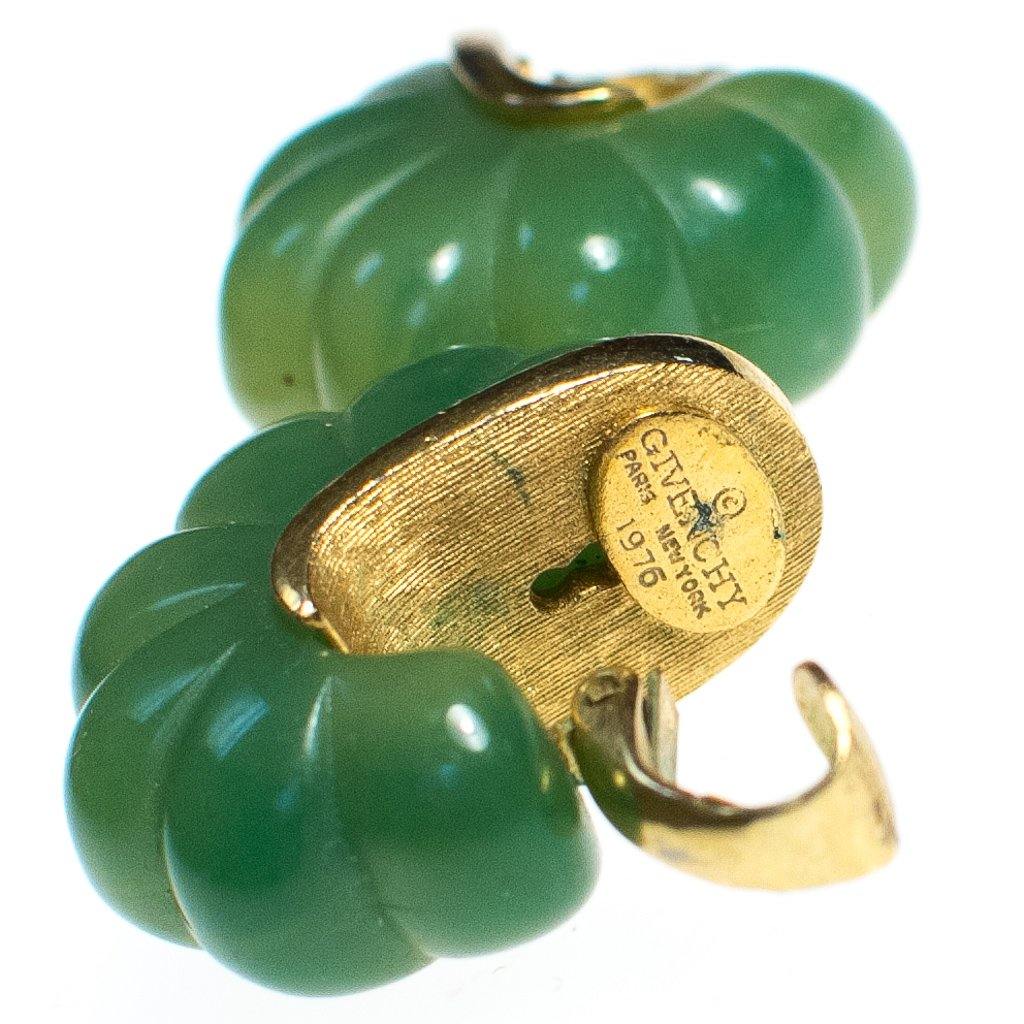 Vintage 1970s Givenchy Couture Light Green Bakelite Domed Fluted Cabochon Modernist Statement Earrings by Givenchy - Vintage Meet Modern Vintage Jewelry - Chicago, Illinois - #oldhollywoodglamour #vintagemeetmodern #designervintage #jewelrybox #antiquejewelry #vintagejewelry