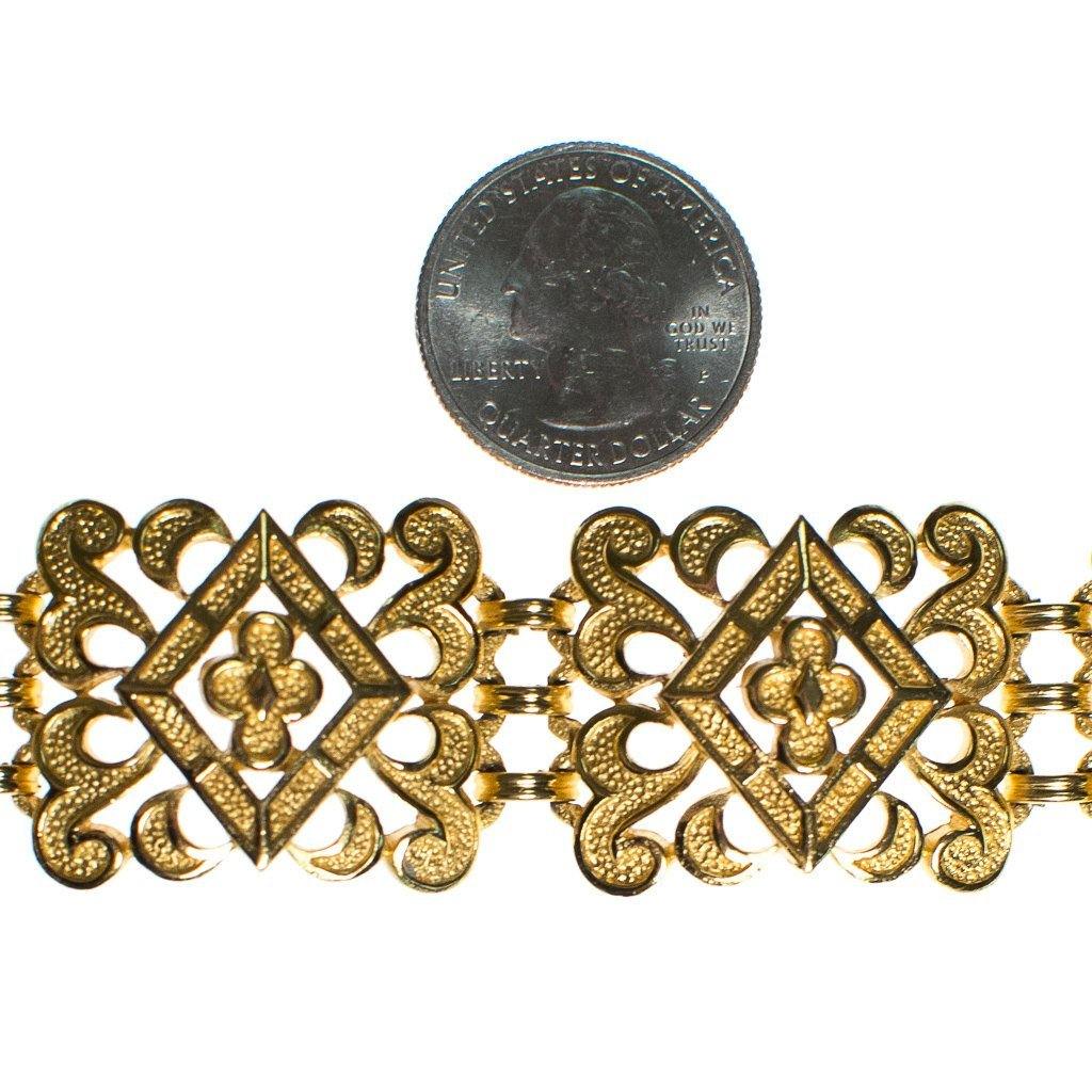 Vintage Crown Trifari Wide Scroll Link Gold Panel Bracelet by Crown Trifari - Vintage Meet Modern Vintage Jewelry - Chicago, Illinois - #oldhollywoodglamour #vintagemeetmodern #designervintage #jewelrybox #antiquejewelry #vintagejewelry