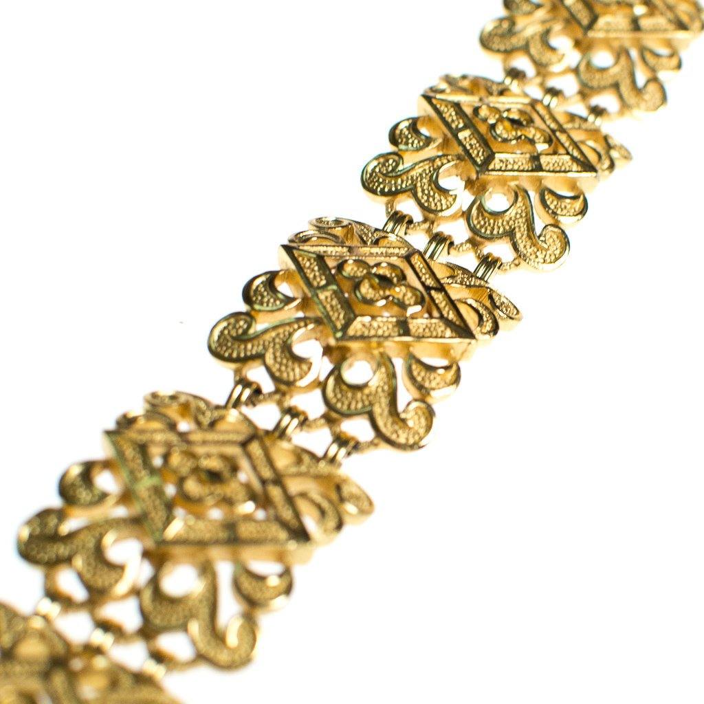 Vintage Crown Trifari Wide Scroll Link Gold Panel Bracelet by Crown Trifari - Vintage Meet Modern Vintage Jewelry - Chicago, Illinois - #oldhollywoodglamour #vintagemeetmodern #designervintage #jewelrybox #antiquejewelry #vintagejewelry