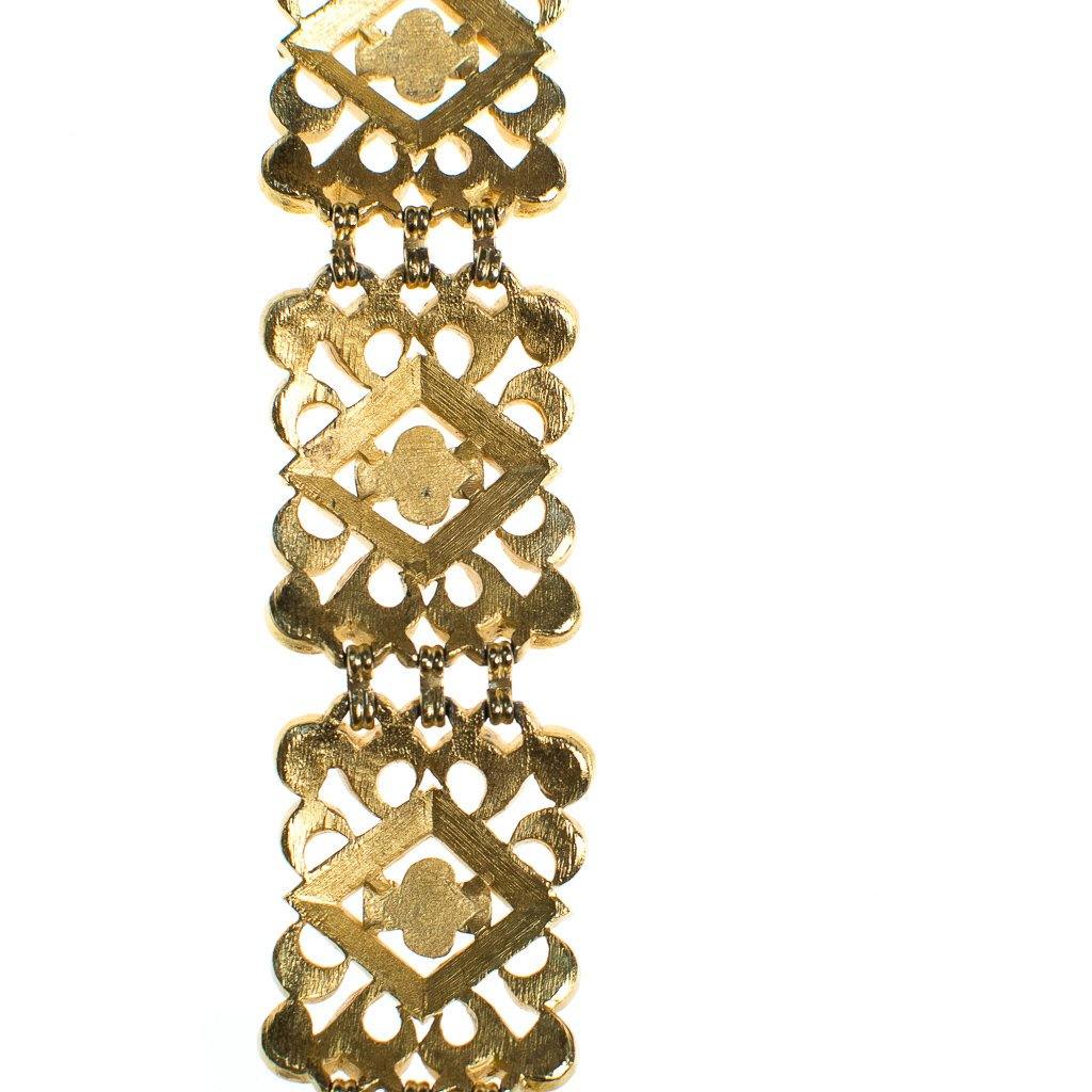 Vintage Crown Trifari Wide Scroll Link Gold Panel Bracelet by Crown Trifari - Vintage Meet Modern Vintage Jewelry - Chicago, Illinois - #oldhollywoodglamour #vintagemeetmodern #designervintage #jewelrybox #antiquejewelry #vintagejewelry