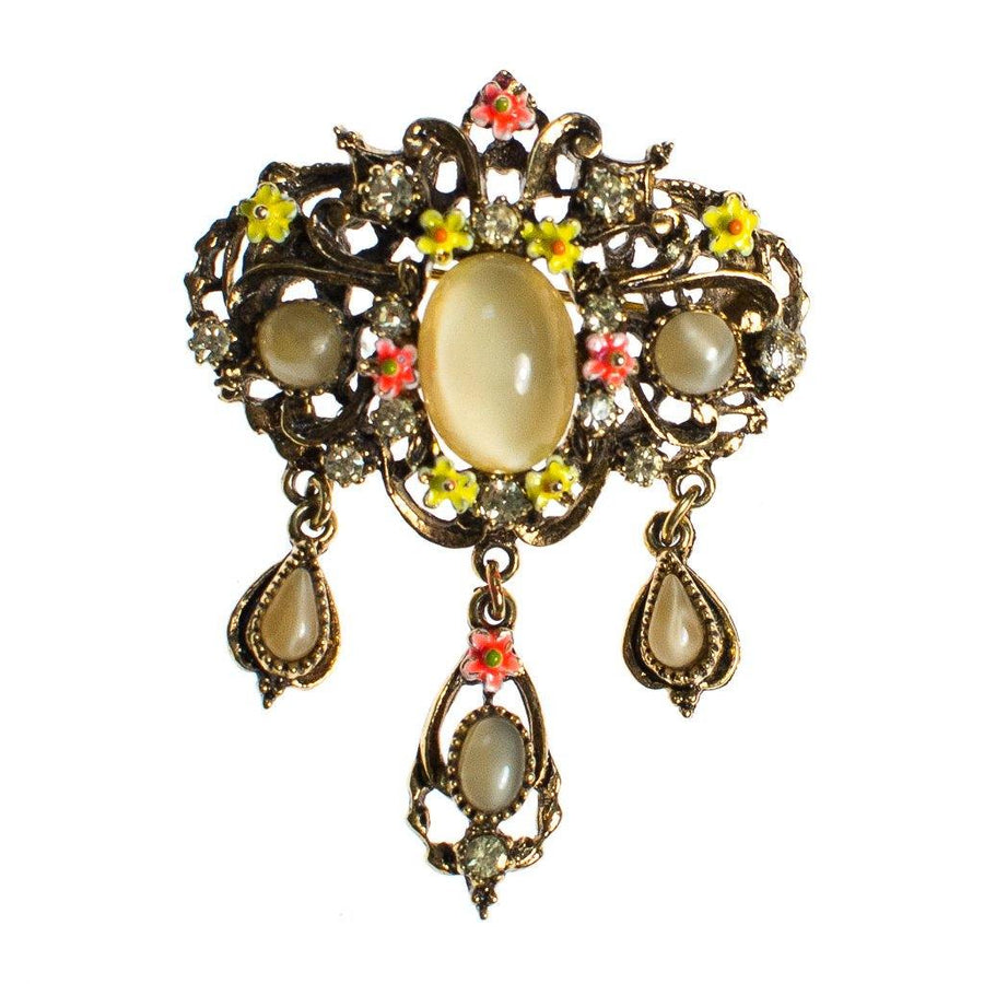 Vintage ART Signed Yellow Cats Eye Cabochon and Amber Rhinestone Dangling Charm Brooch with Orange and Yellow Painted Enamel Daisies by ART - Vintage Meet Modern Vintage Jewelry - Chicago, Illinois - #oldhollywoodglamour #vintagemeetmodern #designervintage #jewelrybox #antiquejewelry #vintagejewelry