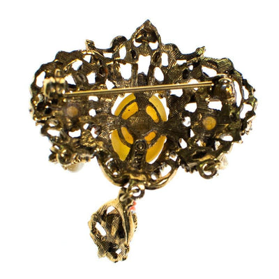 Vintage ART Signed Yellow Cats Eye Cabochon and Amber Rhinestone Dangling Charm Brooch with Orange and Yellow Painted Enamel Daisies by ART - Vintage Meet Modern Vintage Jewelry - Chicago, Illinois - #oldhollywoodglamour #vintagemeetmodern #designervintage #jewelrybox #antiquejewelry #vintagejewelry