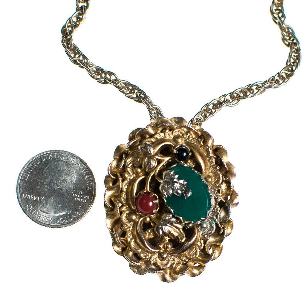 Vintage 1960s Victorian Gothic Inspired Pendant Brooch Necklace Gold with Carnelian and Faux Emerald Jade Cabochons by 1960s - Vintage Meet Modern Vintage Jewelry - Chicago, Illinois - #oldhollywoodglamour #vintagemeetmodern #designervintage #jewelrybox #antiquejewelry #vintagejewelry