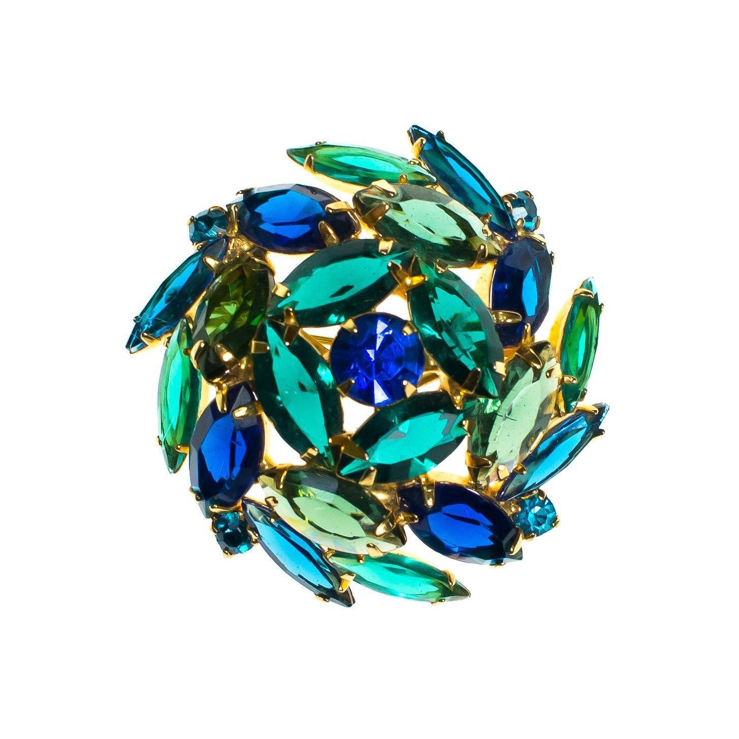 Vintage Blue Rhinestones, Green Rhinestones Brooch, Gold Tone Setting,. Brooches and Pins by 1950s - Vintage Meet Modern Vintage Jewelry - Chicago, Illinois - #oldhollywoodglamour #vintagemeetmodern #designervintage #jewelrybox #antiquejewelry #vintagejewelry