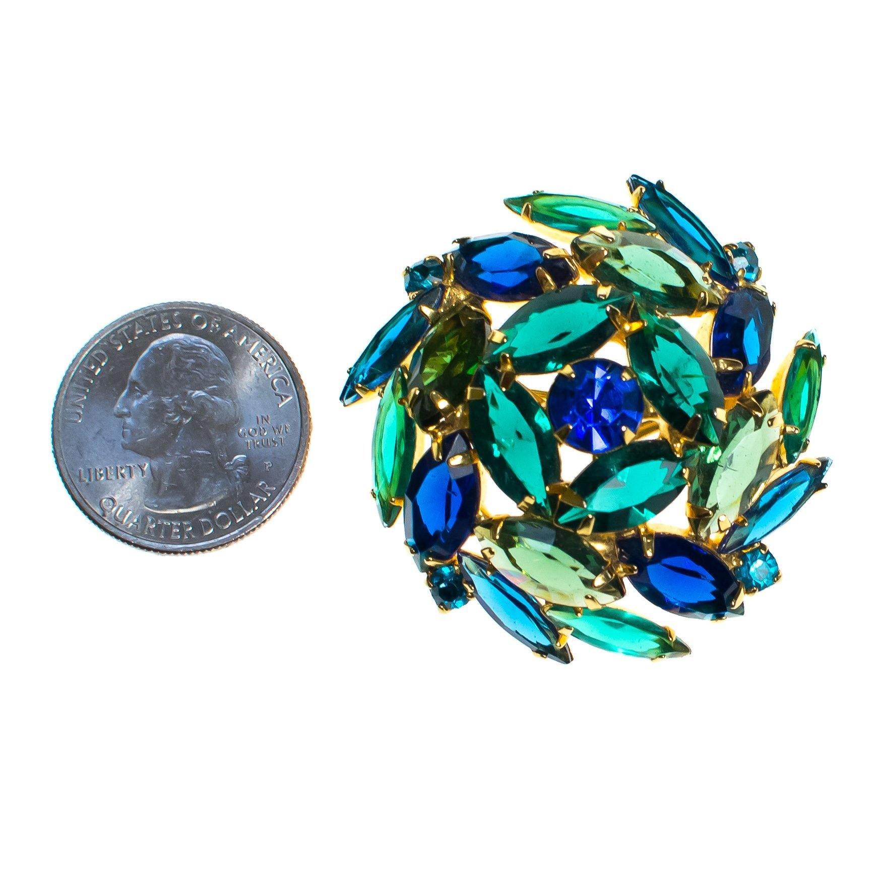 Vintage Blue Rhinestones, Green Rhinestones Brooch, Gold Tone Setting,. Brooches and Pins by 1950s - Vintage Meet Modern Vintage Jewelry - Chicago, Illinois - #oldhollywoodglamour #vintagemeetmodern #designervintage #jewelrybox #antiquejewelry #vintagejewelry
