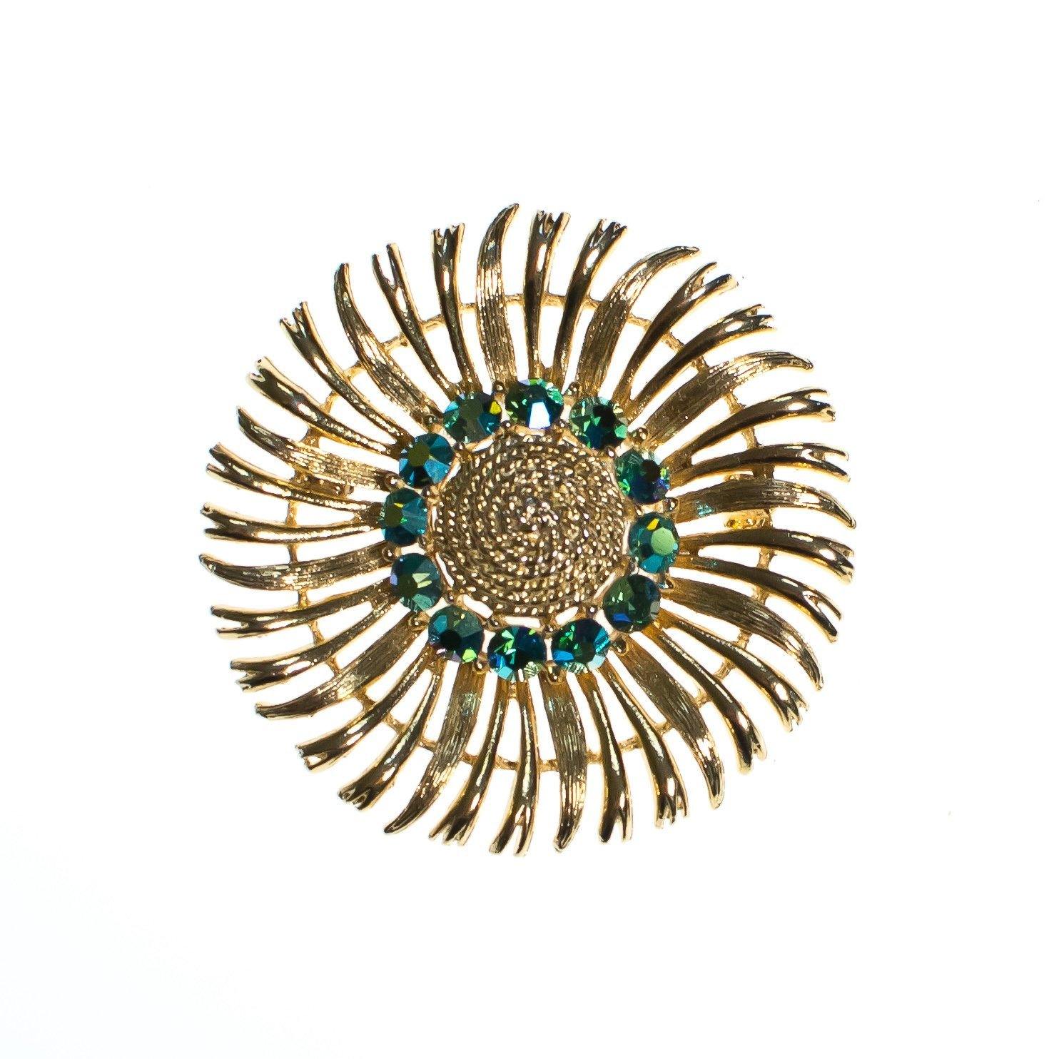 Vintage Lisner Blue Green Iridescent Rhinestones Brooch, Gold Tone Setting, Brooches and Pins by Lisner - Vintage Meet Modern Vintage Jewelry - Chicago, Illinois - #oldhollywoodglamour #vintagemeetmodern #designervintage #jewelrybox #antiquejewelry #vintagejewelry