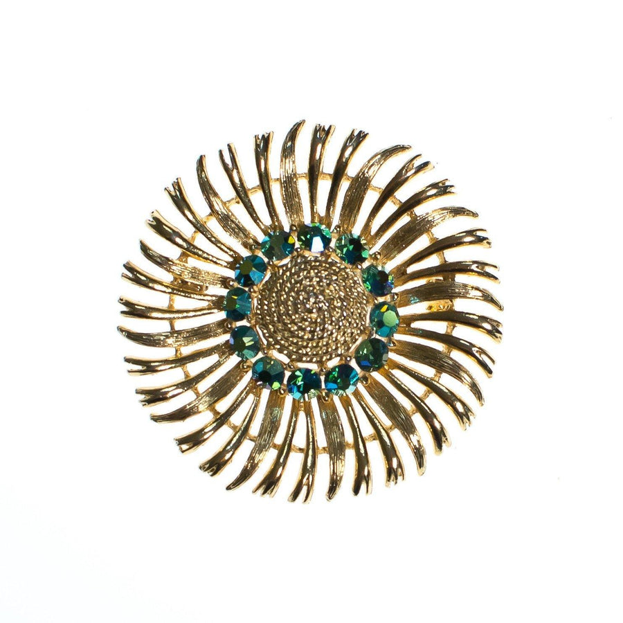 Vintage Lisner Blue Green Iridescent Rhinestones Brooch, Gold Tone Setting, Brooches and Pins by Lisner - Vintage Meet Modern Vintage Jewelry - Chicago, Illinois - #oldhollywoodglamour #vintagemeetmodern #designervintage #jewelrybox #antiquejewelry #vintagejewelry