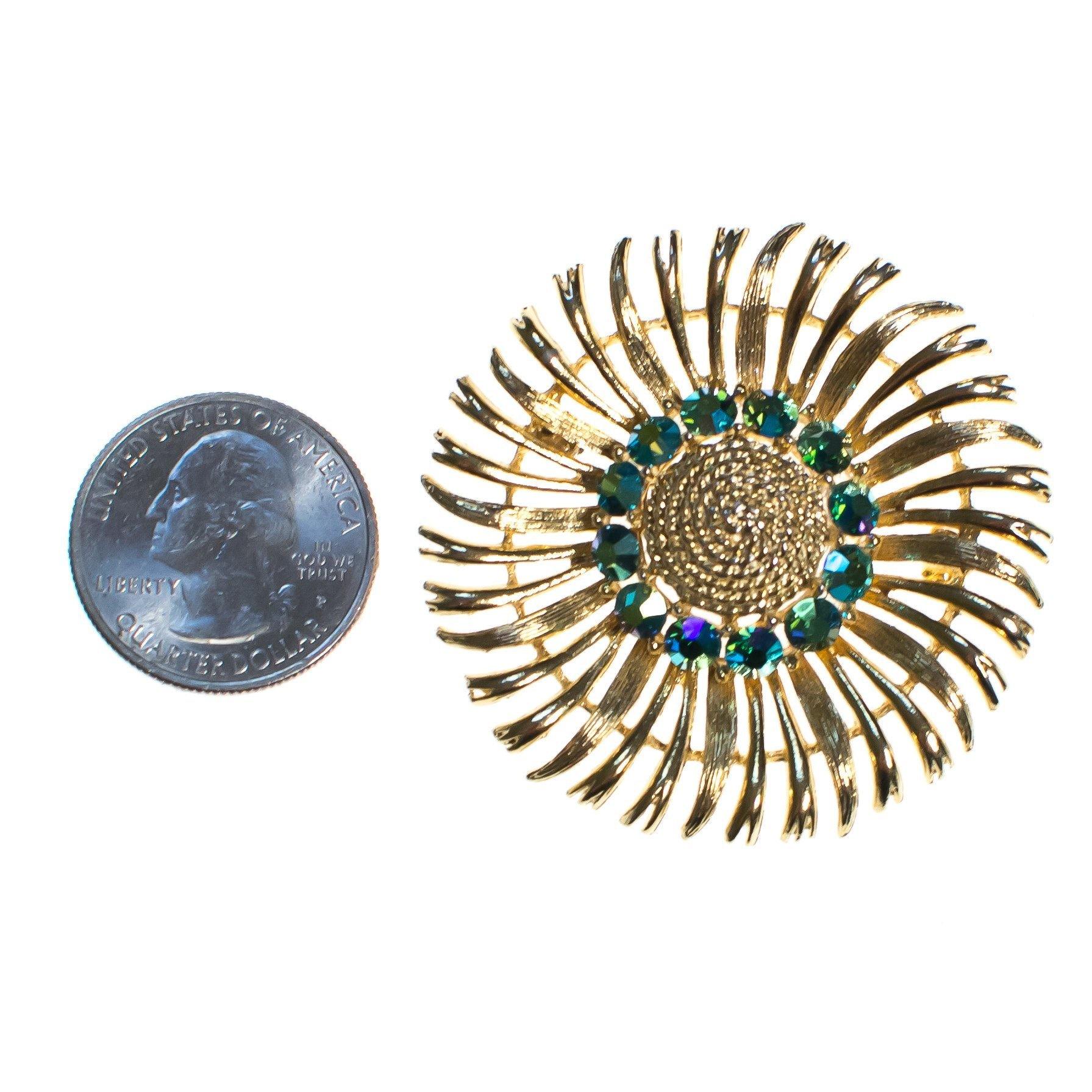 Vintage Lisner Blue Green Iridescent Rhinestones Brooch, Gold Tone Setting, Brooches and Pins by Lisner - Vintage Meet Modern Vintage Jewelry - Chicago, Illinois - #oldhollywoodglamour #vintagemeetmodern #designervintage #jewelrybox #antiquejewelry #vintagejewelry