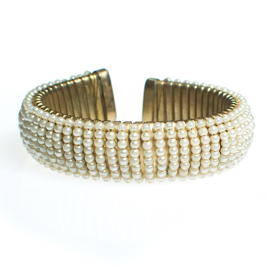 Vintage Pearl Cuff Bracelet, Faux Seed Pearls, Gold Tone Bracelet by 1950s - Vintage Meet Modern Vintage Jewelry - Chicago, Illinois - #oldhollywoodglamour #vintagemeetmodern #designervintage #jewelrybox #antiquejewelry #vintagejewelry