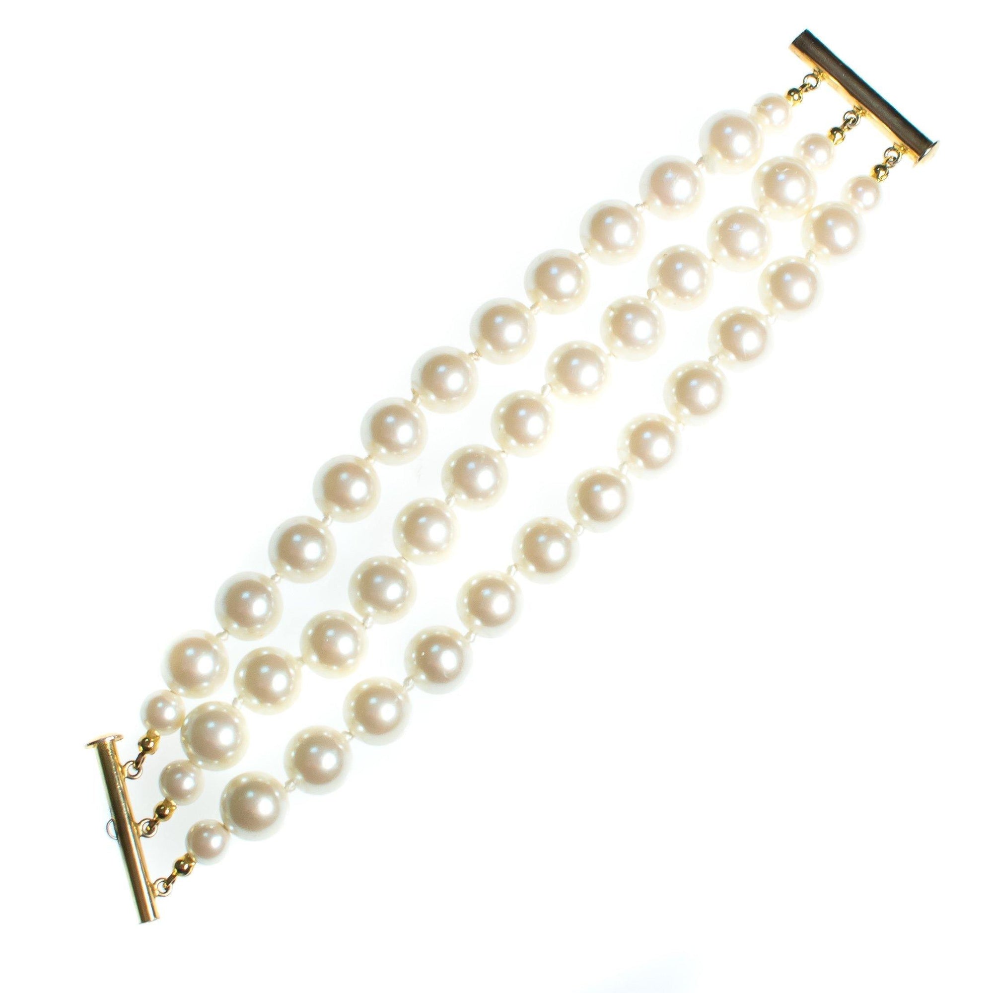 Vintage Triple Strand Faux Pearl Bracelet, Multi-strand, Slide Lock by Pearls - Vintage Meet Modern Vintage Jewelry - Chicago, Illinois - #oldhollywoodglamour #vintagemeetmodern #designervintage #jewelrybox #antiquejewelry #vintagejewelry