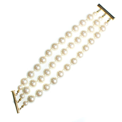 Vintage Triple Strand Faux Pearl Bracelet, Multi-strand, Slide Lock by Pearls - Vintage Meet Modern Vintage Jewelry - Chicago, Illinois - #oldhollywoodglamour #vintagemeetmodern #designervintage #jewelrybox #antiquejewelry #vintagejewelry