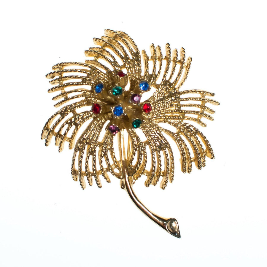 Vintage Sarah Coventry Gold Flower Brooch with Purple, Blue, Green, and Red Rhinestones, Gold Tone Setting, Brooches and Pins by Sarah Coventry - Vintage Meet Modern Vintage Jewelry - Chicago, Illinois - #oldhollywoodglamour #vintagemeetmodern #designervintage #jewelrybox #antiquejewelry #vintagejewelry