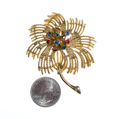 Vintage Sarah Coventry Gold Flower Brooch with Purple, Blue, Green, and Red Rhinestones, Gold Tone Setting, Brooches and Pins by Sarah Coventry - Vintage Meet Modern Vintage Jewelry - Chicago, Illinois - #oldhollywoodglamour #vintagemeetmodern #designervintage #jewelrybox #antiquejewelry #vintagejewelry
