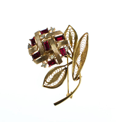 Vintage 1940s Red Rhinestone Flower Brooch, Pin, Clear Rhinestones, Gold Tone Setting, Brooches and Pins by 1940s - Vintage Meet Modern Vintage Jewelry - Chicago, Illinois - #oldhollywoodglamour #vintagemeetmodern #designervintage #jewelrybox #antiquejewelry #vintagejewelry