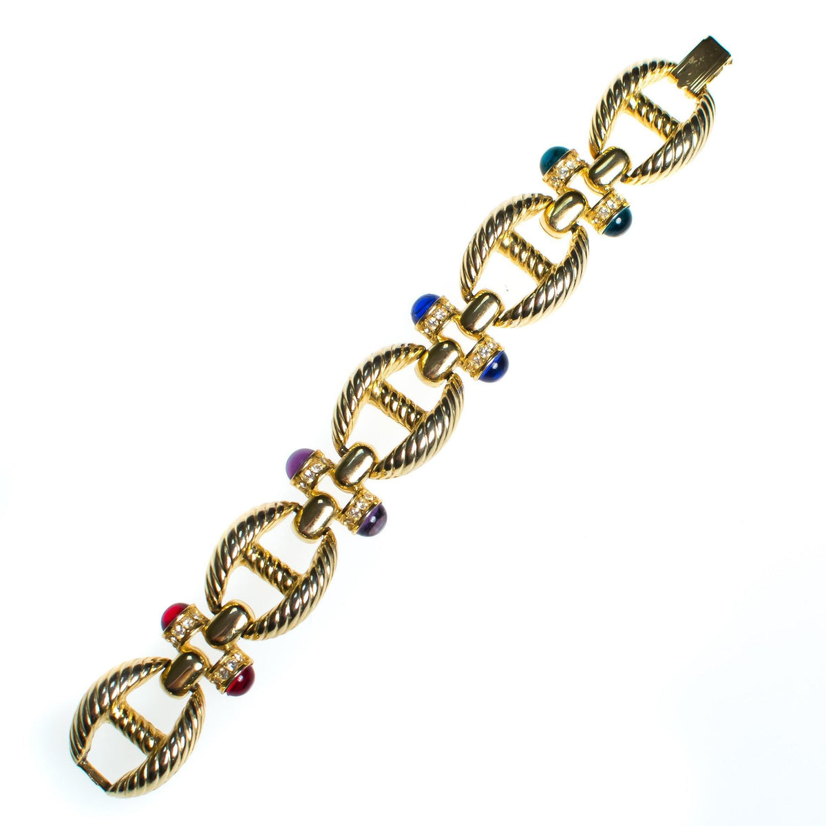 Vintage Gold Cable Bracelet with Red, Purple, Blue, and Green Cabochon Lucite Gems, Gold Tone Setting, Snap Lock Clasp