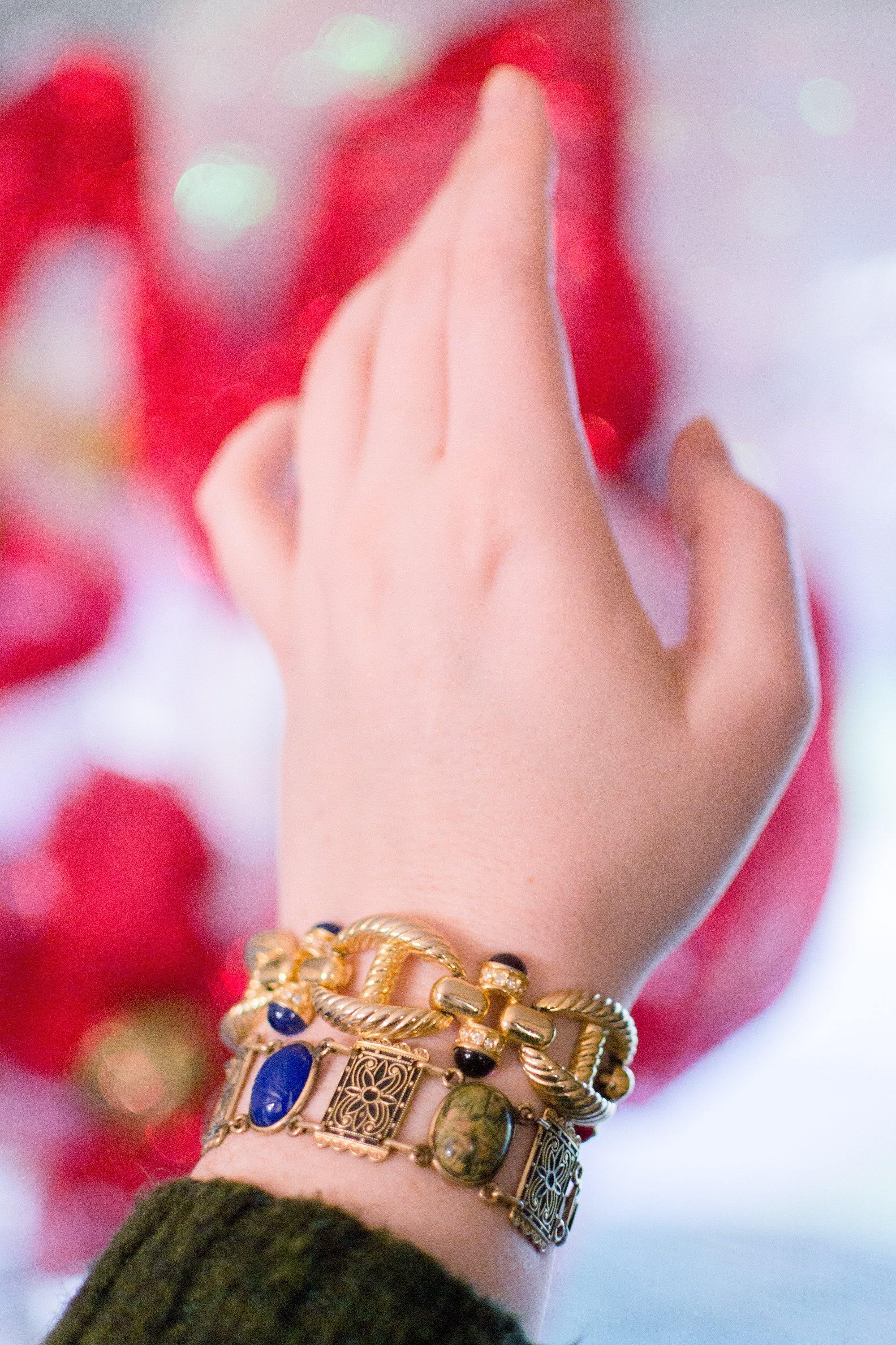 Vintage Gold Cable Bracelet with Red, Purple, Blue, and Green Cabochon Lucite Gems, Gold Tone Setting, Snap Lock Clasp by 1980s - Vintage Meet Modern Vintage Jewelry - Chicago, Illinois - #oldhollywoodglamour #vintagemeetmodern #designervintage #jewelrybox #antiquejewelry #vintagejewelry