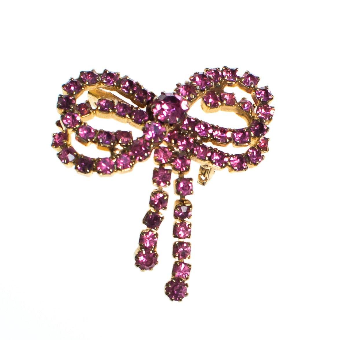 Vintage Pink Ribbon Rhinestone Bow Brooch, Gold Tone Setting, Brooches and Pins