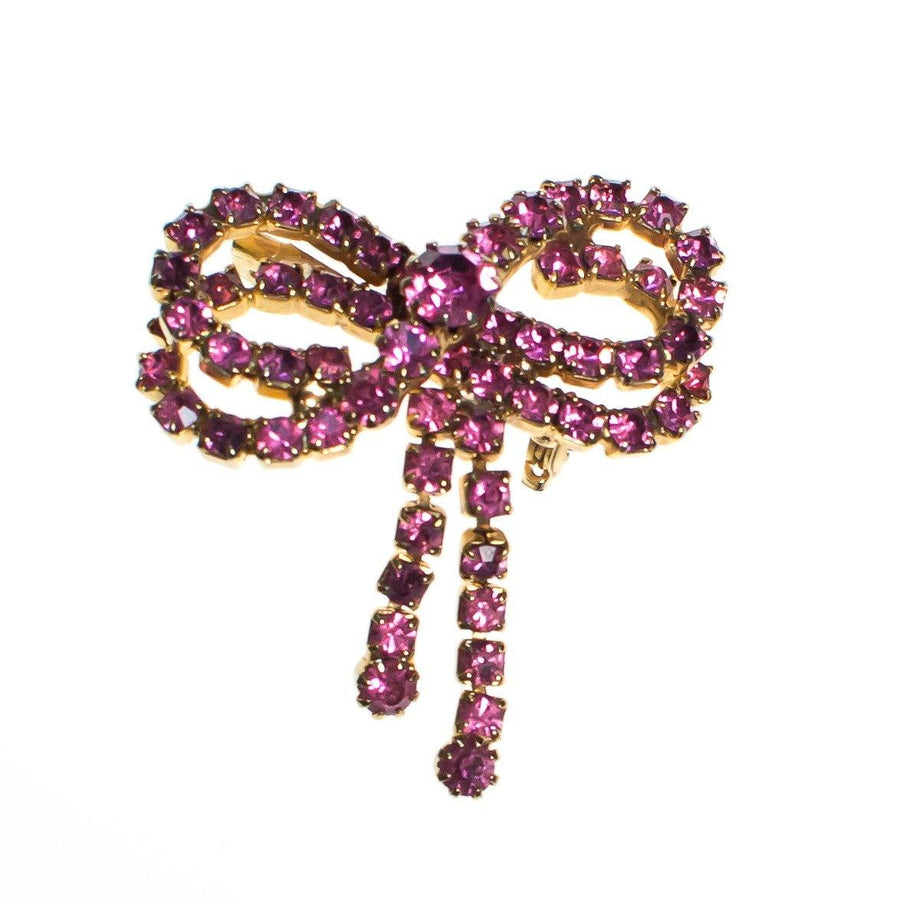 Vintage Pink Ribbon Rhinestone Bow Brooch, Gold Tone Setting, Brooches and Pins by 1950s - Vintage Meet Modern Vintage Jewelry - Chicago, Illinois - #oldhollywoodglamour #vintagemeetmodern #designervintage #jewelrybox #antiquejewelry #vintagejewelry