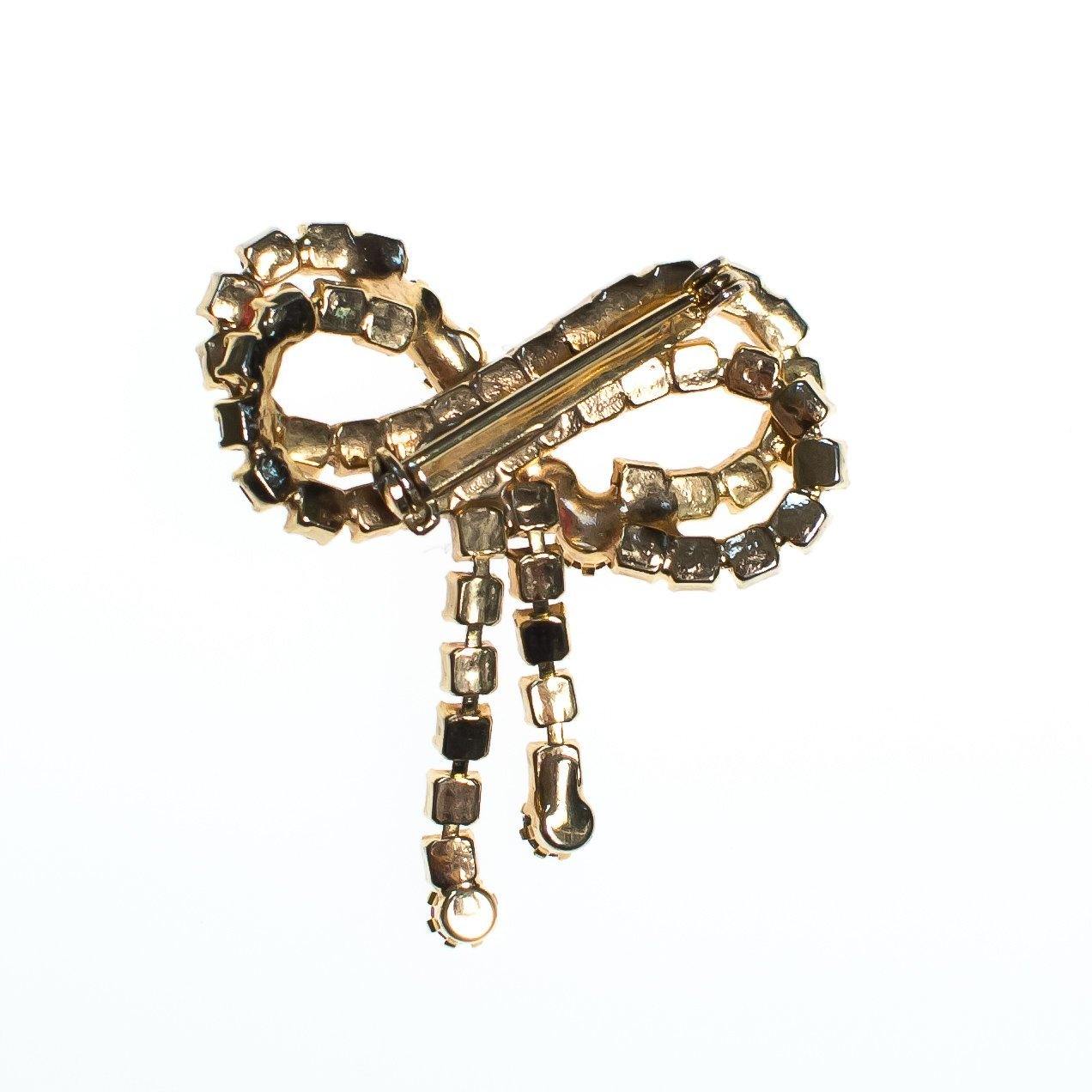 Vintage Pink Ribbon Rhinestone Bow Brooch, Gold Tone Setting, Brooches and Pins by 1950s - Vintage Meet Modern Vintage Jewelry - Chicago, Illinois - #oldhollywoodglamour #vintagemeetmodern #designervintage #jewelrybox #antiquejewelry #vintagejewelry