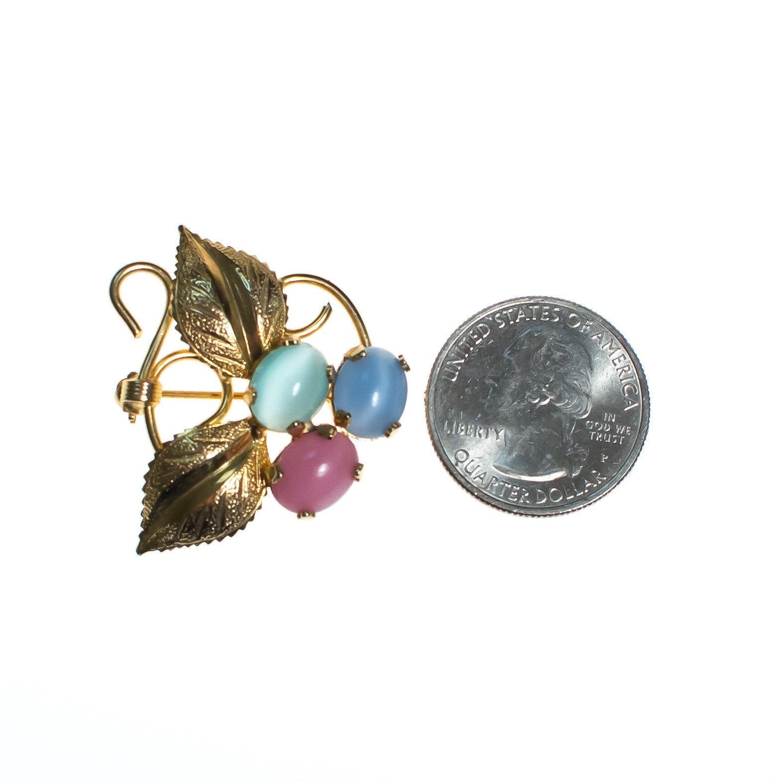 Vintage Flower Brooch, Pink, Green, and Blue Cats Eye Cabochons, Gold Tone Setting, Brooches and Pins by 1950s - Vintage Meet Modern Vintage Jewelry - Chicago, Illinois - #oldhollywoodglamour #vintagemeetmodern #designervintage #jewelrybox #antiquejewelry #vintagejewelry