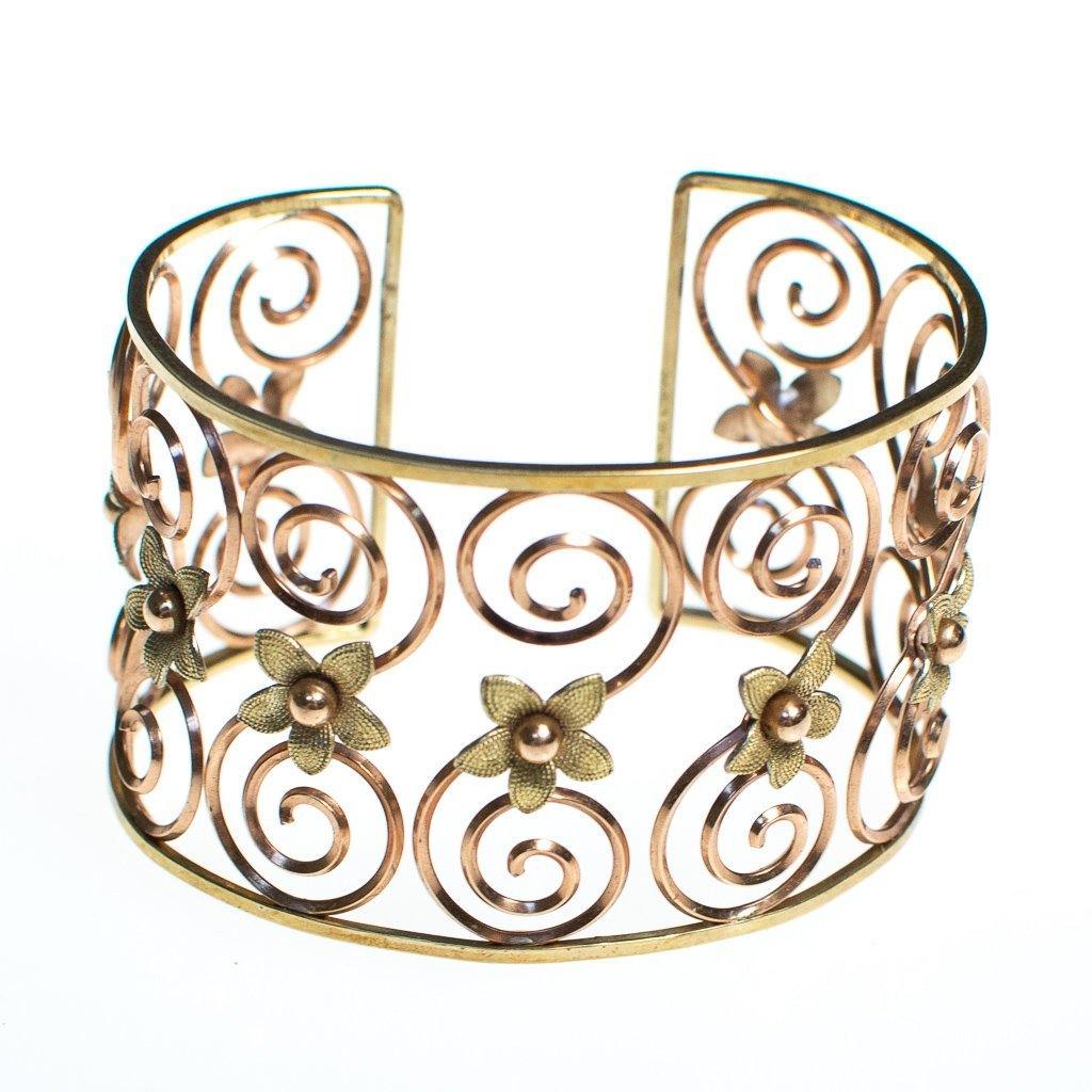 Vintage Krementz Rose and Yellow Gold Floral Scroll Cuff Bracelet