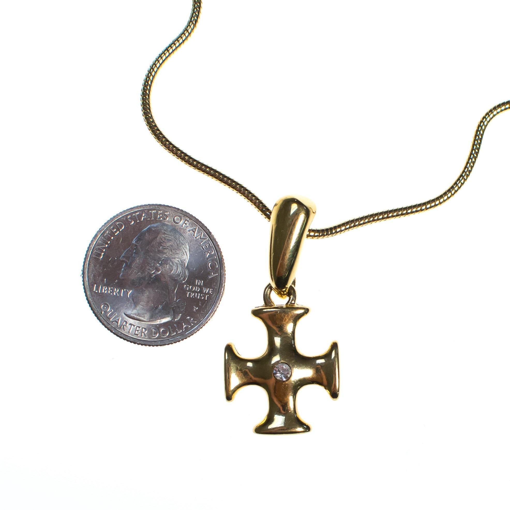 Vintage 1980s Napier Modernist Gold Cross Pendant Necklace, Pendant with Diamante Crystal, Gold Tone Rope Chain, Lobster Claw Clasp by Napier - Vintage Meet Modern Vintage Jewelry - Chicago, Illinois - #oldhollywoodglamour #vintagemeetmodern #designervintage #jewelrybox #antiquejewelry #vintagejewelry