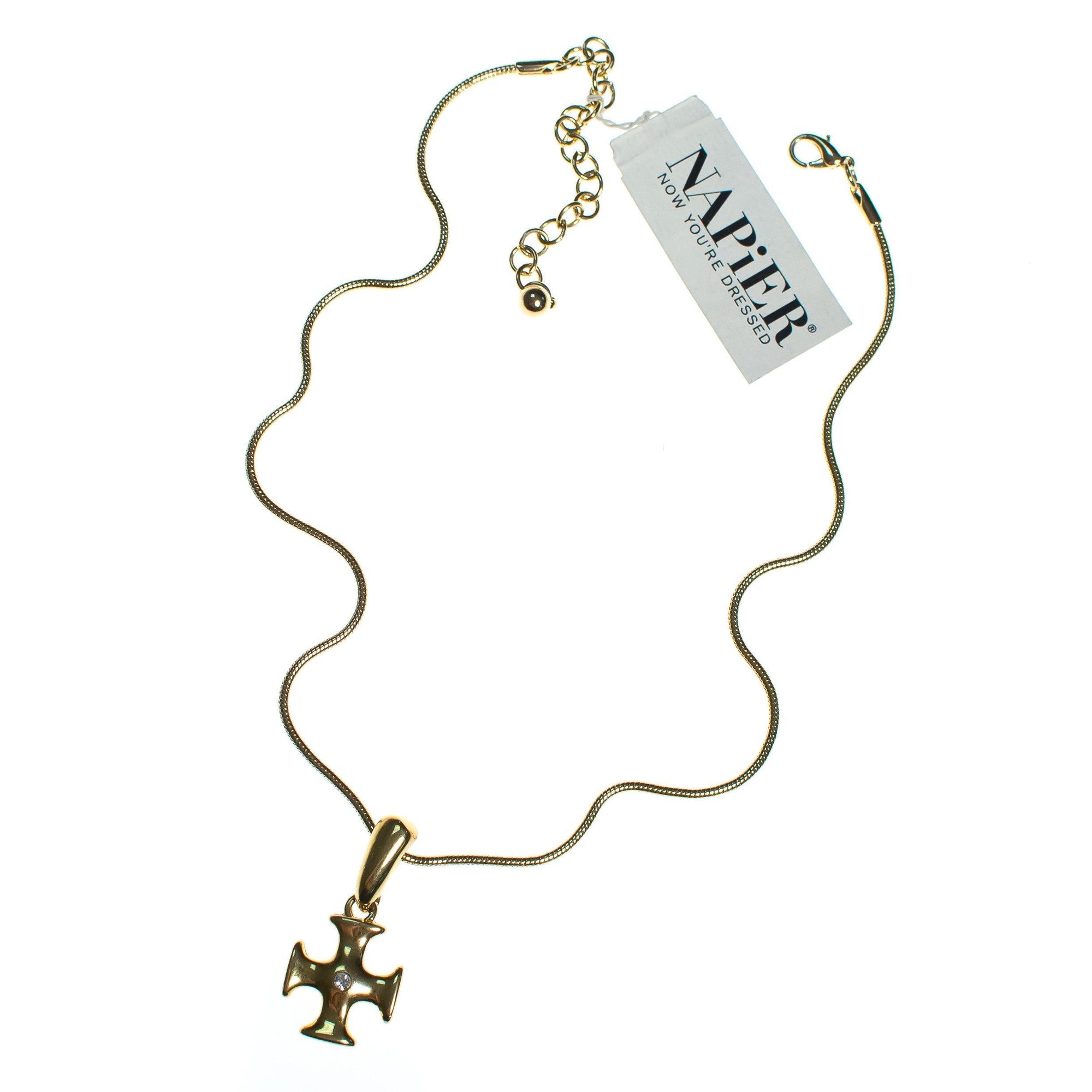 Vintage 1980s Napier Modernist Gold Cross Pendant Necklace, Pendant with Diamante Crystal, Gold Tone Rope Chain, Lobster Claw Clasp by Napier - Vintage Meet Modern Vintage Jewelry - Chicago, Illinois - #oldhollywoodglamour #vintagemeetmodern #designervintage #jewelrybox #antiquejewelry #vintagejewelry