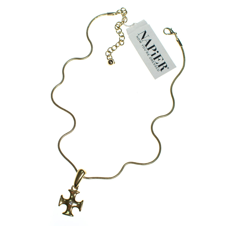 Vintage 1980s Napier Modernist Gold Cross Pendant Necklace, Pendant with Diamante Crystal, Gold Tone Rope Chain, Lobster Claw Clasp by Napier - Vintage Meet Modern Vintage Jewelry - Chicago, Illinois - #oldhollywoodglamour #vintagemeetmodern #designervintage #jewelrybox #antiquejewelry #vintagejewelry